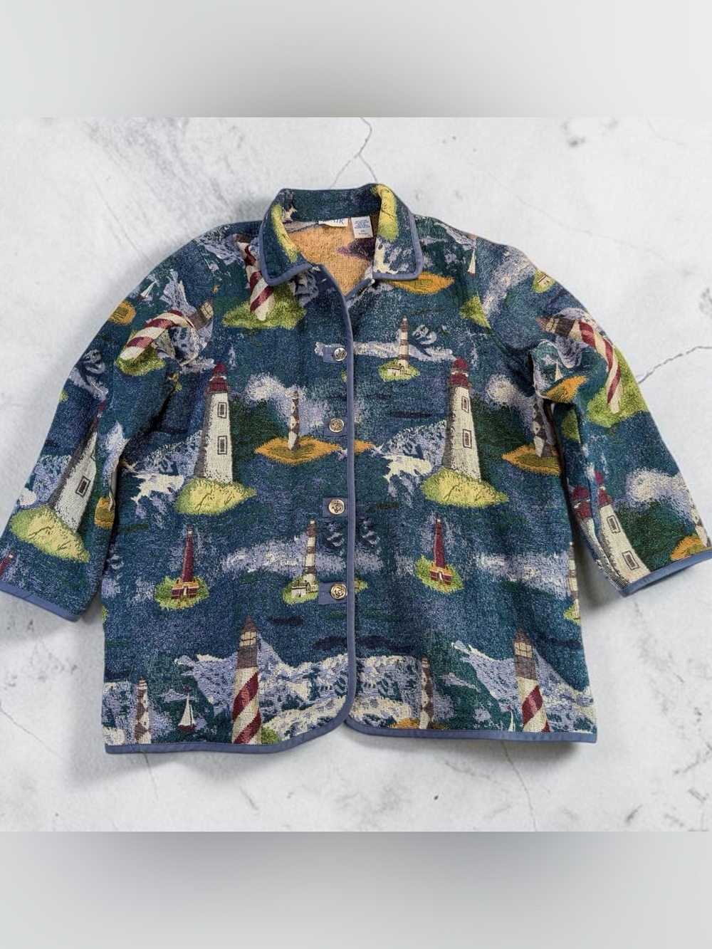 Vintage Lighthouse Tapestry Jacket  Coastal Nautical Button Front 2XL
